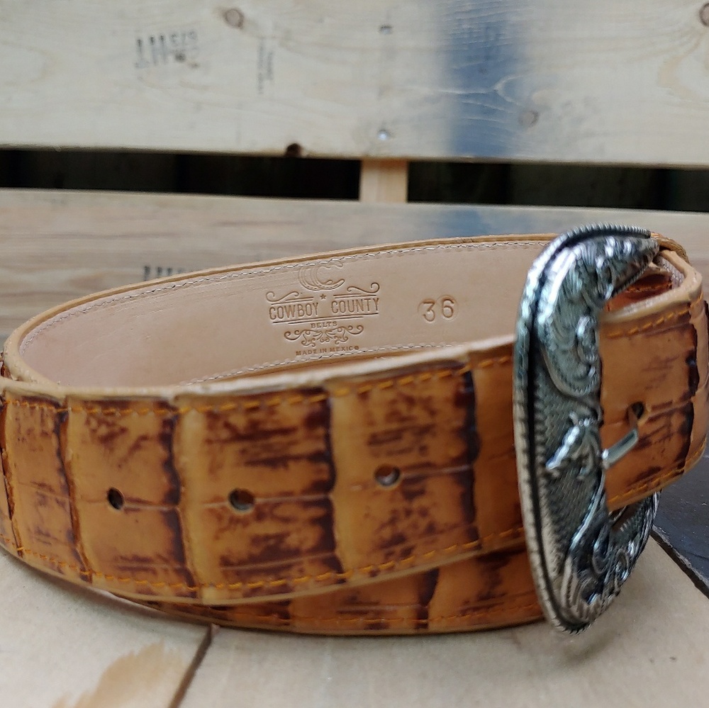 Mens Leather Belt Crocodile Belly Print Cognac - Picture 5 of 7